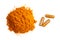 Turmeric ground, curcumin powder and Curcuma capsules isolated on white .