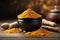 Turmeric powder in bowl on wooden background