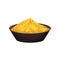 Turmeric powder in ceramic bowl. Spicy condiment for dishes. Natural cooking ingredient. Flat vector design