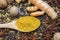 Turmeric powder with variety spices above table