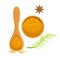 Turmeric powder in a wooden bowl and scoop. Colorful cartoon illustration