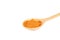 Turmeric powder in wooden spoon on white background.