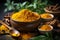 Turmeric root and turmeric powder for alternative medicine ,spa and food. Generative AI