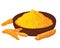 Turmeric roots and powder in a bowl on a white background
