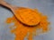 Turmeric in a wooden spoon, top view with selective focus