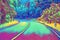 Turn on empty forest road. Summer travel landscape neon digital illustration. Highway with roadside.