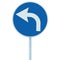 Turn left ahead road sign, blue round isolated roadside traffic signage, white arrow icon and frame roadsign, grey pole post