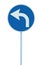 Turn left ahead sign, blue round isolated roadside traffic signage, white arrow icon and frame roadsign, grey pole post, large