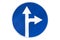 `Turn right and straight ahead` round blue road sign isolated on