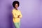 Turned photo of dark skin girl stand copyspace cross hands wear trousers jumper isolated on violet color background