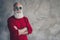 Turned photo of positive festive old stylish man cross hands enjoy x-mas party celebration wear modern pullover isolated
