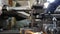 Turning lathe in action. Old turning lathe machine in turning workshop produce a thread by cutting. Tapping inner screw