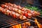 turning meat skewers on the grill with visible heat waves