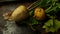 Turnip with haulm on the black rustic background