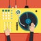 Turntable with dj hands. Vector flat illustration