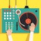 Turntable with dj hands. Vector flat illustration