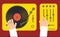 Turntable and mixer with dj hands modern music flat concept illustration