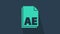 Turquoise AE file document icon isolated on blue background. 4K Video motion graphic animation