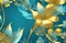 Turquoise aquamarine abstract background with gold flowers. Golden flowers on a turquoise abstract background