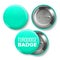 Turquoise Badge Mockup Vector. Pin Brooch Turquoise Button Blank. Two Sides. Front, Back View. Branding Design 3D