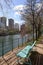 Turquoise bench on the isle of the swans in Paris