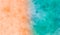 Turquoise blue and coral beach watercolor background with painted mabled texture in orange and green tones 