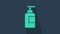 Turquoise Bottle of shampoo icon isolated on blue background. 4K Video motion graphic animation