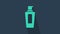 Turquoise Bottle of shampoo icon isolated on blue background. 4K Video motion graphic animation