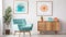 Turquoise chair near wooden cabinet and art poster on white wall. Interior design of mid-century living room