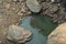 turquoise color water body and big rocks and small different shape stones in valley and habitat of panna national park forest