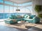 Turquoise corner sofa in room with panoramic high windows. Interior design of modern living room with swimming pool view