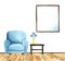 Turquoise cozy armchair on rough wooden floor and coffee table with vase of flowers on it. Dark framed window with clear
