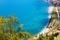 Turquoise crystal clean water of Mediterranean sea. Taormina coastline, luxury resort in Sicily island, Italy