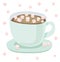 Turquoise cup with saucer, hot coffee or chocolate with a small marshmallow. Vector isolated illustration on white background