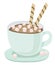 Turquoise cup with saucer, hot coffee or chocolate with a small marshmallow and waffles. Vector isolated illustration on white bac