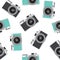 Turquoise and dark gray black retro camera pattern seamless vintage photo hipster vector