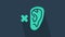 Turquoise Deafness icon isolated on blue background. Deaf symbol. Hearing impairment. 4K Video motion graphic animation