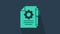 Turquoise Document settings with gears icon isolated on blue background. Software update, transfer protocol, teamwork