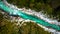 Turquoise Emerald Soca River in Soca Valley,Slovenia. Top Down Drone View