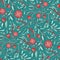 Turquoise fantasy flowers and branches pattern inspired indian paisley culture. Floral seamless folk background