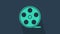 Turquoise Film reel icon isolated on blue background. 4K Video motion graphic animation