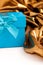 Turquoise gift box with elegant gold fabric