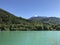 Turquoise glacier lake in alpine region.