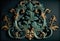 A Turquoise and golden coloured rococo style ornament on a dark turquoise background. Created with Generative AI