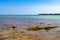 Turquoise green blue water with stones rocks corals beach Mexico