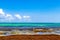 Turquoise green blue water with stones rocks corals beach Mexico