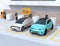 Turquoise green electric SUV and silver self-driving sedan in car share parking lot