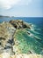 Turquoise and green sea, view from the cliff of Vrahi Beach and Beach Good Land between Heraklion and Rethimno, Crete Island, Gree