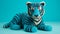 Turquoise Knitted Tiger Toy On Colorful Background