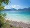 Turquoise lake Walchensee and view to bavarian alps, summer landscape